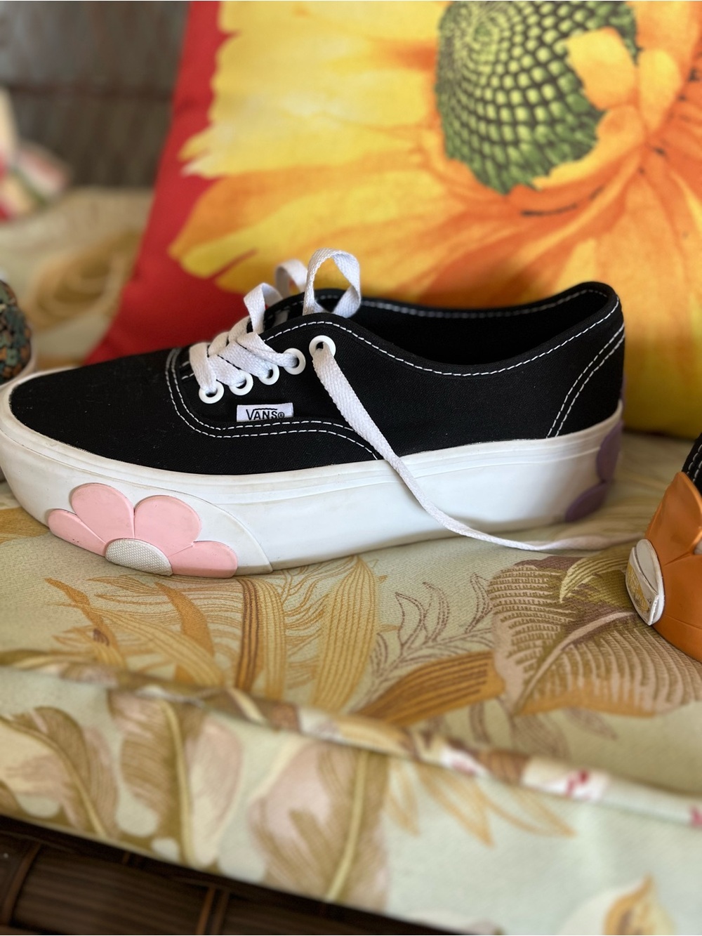 Vans Black Canvas Platform Sneakers with Pink Flower Detail